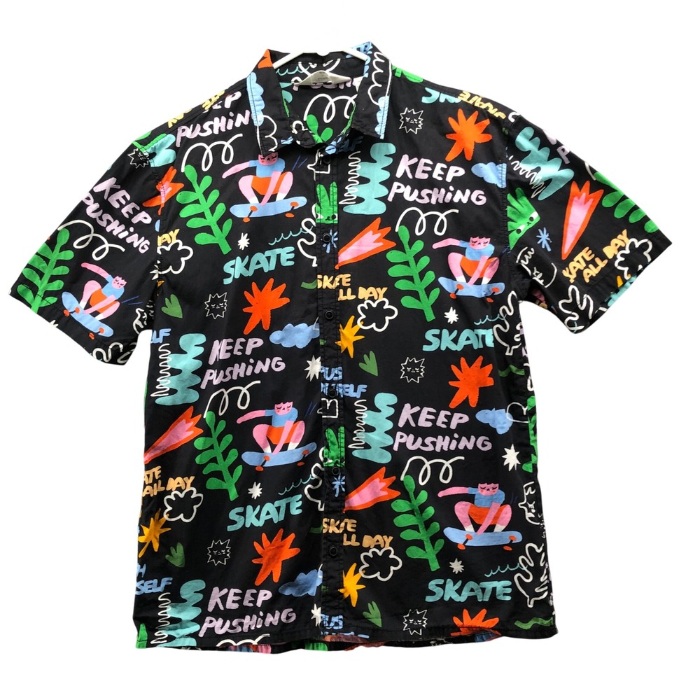 H&M‎ Liunic Boys 18 Skate Graffiti Shirt Black Multicolor Skater Button Up